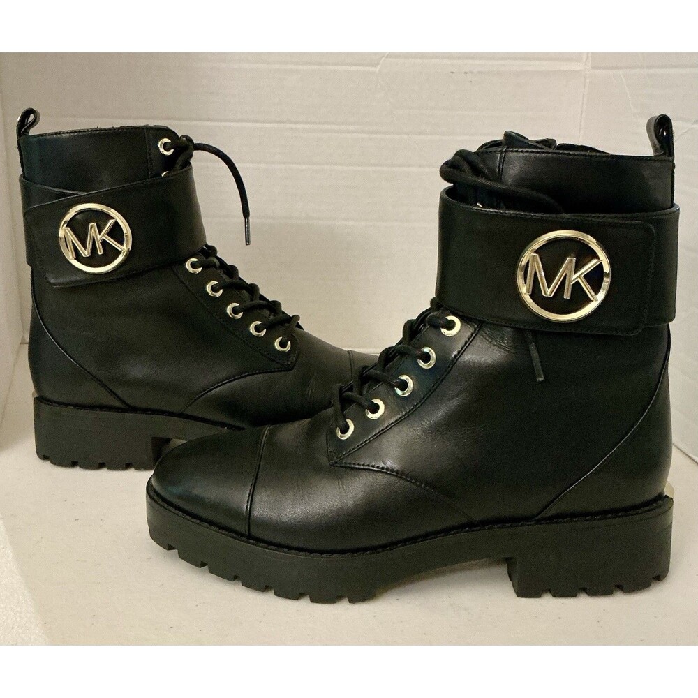 Michael Kors Alistair Black Leather Combat Boots Gold MK Logo Women’s 7M